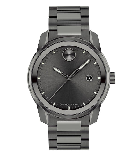 Sleek black Movado watch with minimalist dial and silver hour markers at a top-down angle, showcasing refined craftsmanship.