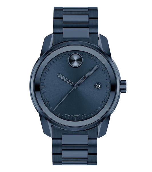 Movado luxury watch in bold blue color, close-up side angle, showcasing sleek design, easygoing flow, and craftsmanship excellence.