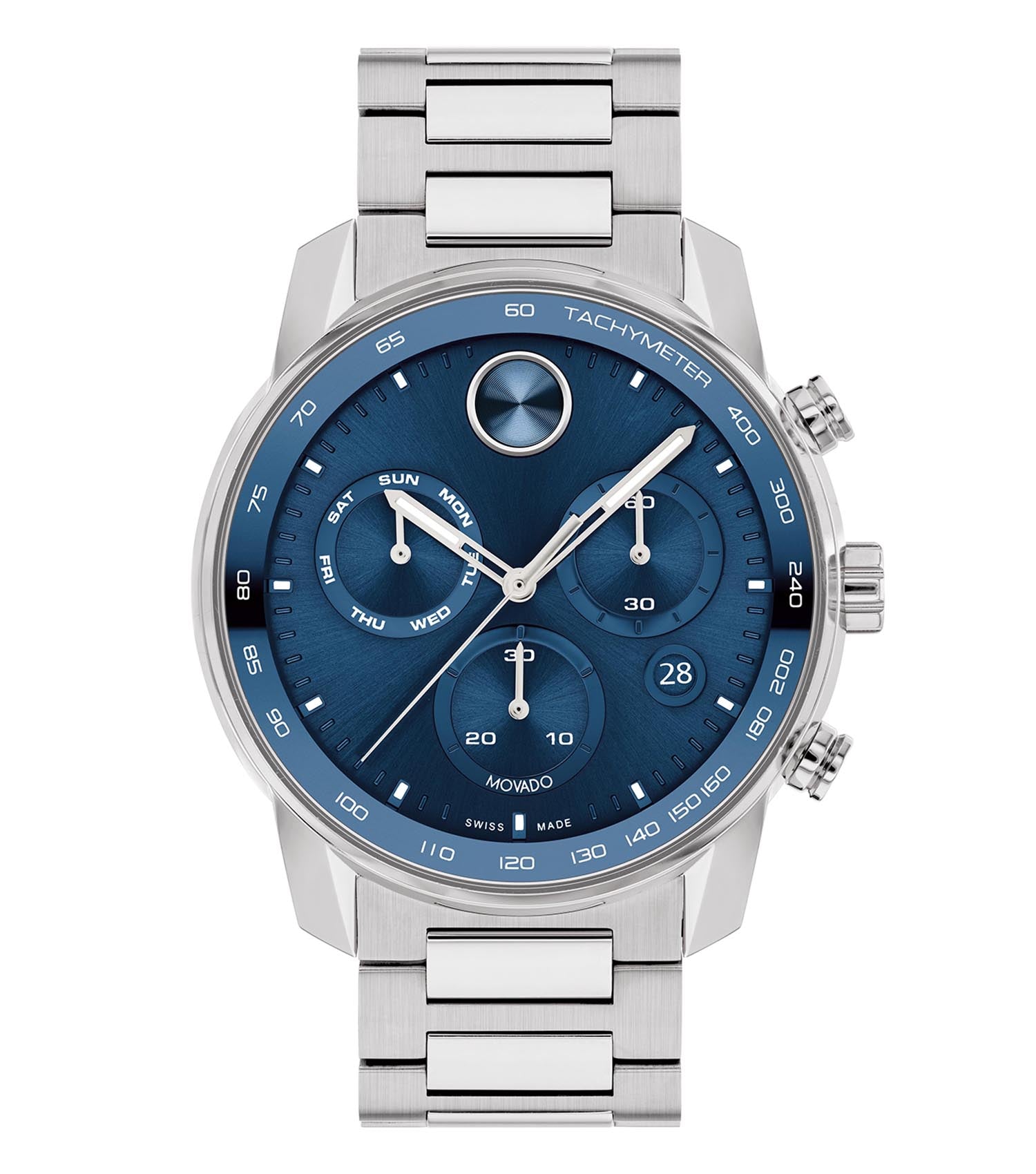 Movado contemporary silver-tone men's watch with black dial, side angle view showcasing slim strap and sleek design.
