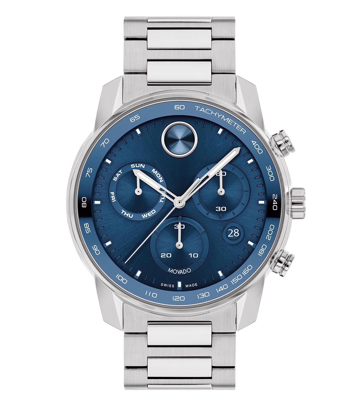 Movado contemporary silver-tone men's watch with black dial, side angle view showcasing slim strap and sleek design.