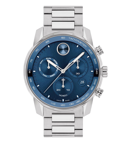 Movado contemporary silver-tone men's watch with black dial, side angle view showcasing slim strap and sleek design.