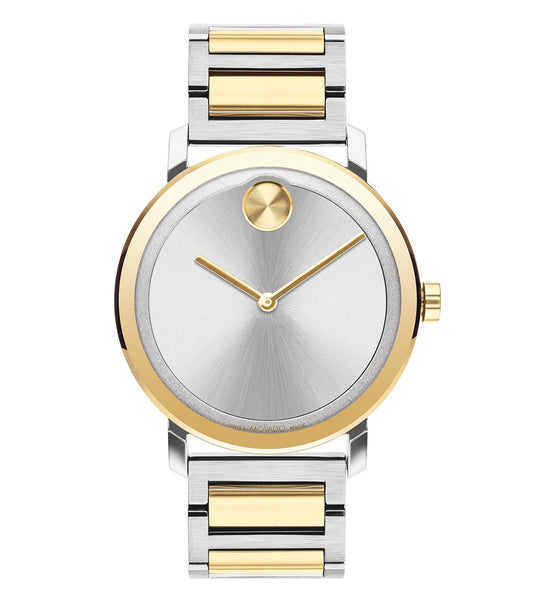 Movado watch with black dial and unique gold accents, photographed from a 40-degree angle, showcasing its bold, elegant design.