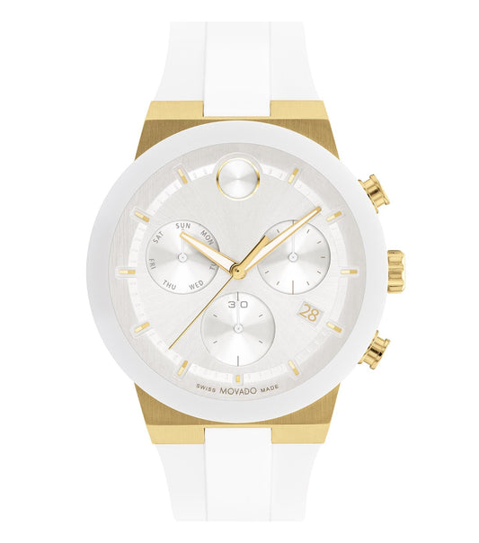 Movado Bold Fusion watch in a vibrant blue hue, featuring a sleek design, showcased at an elegant side angle.