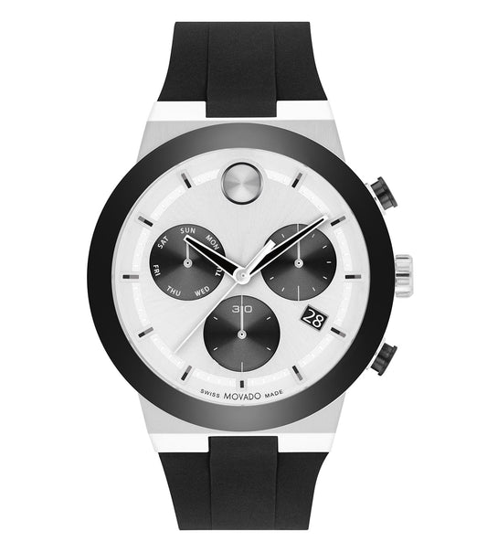 Movado watch in Bold Fusion color, elegantly angled showing its sleek round face and minimalist design, exemplifying true craftsmanship.