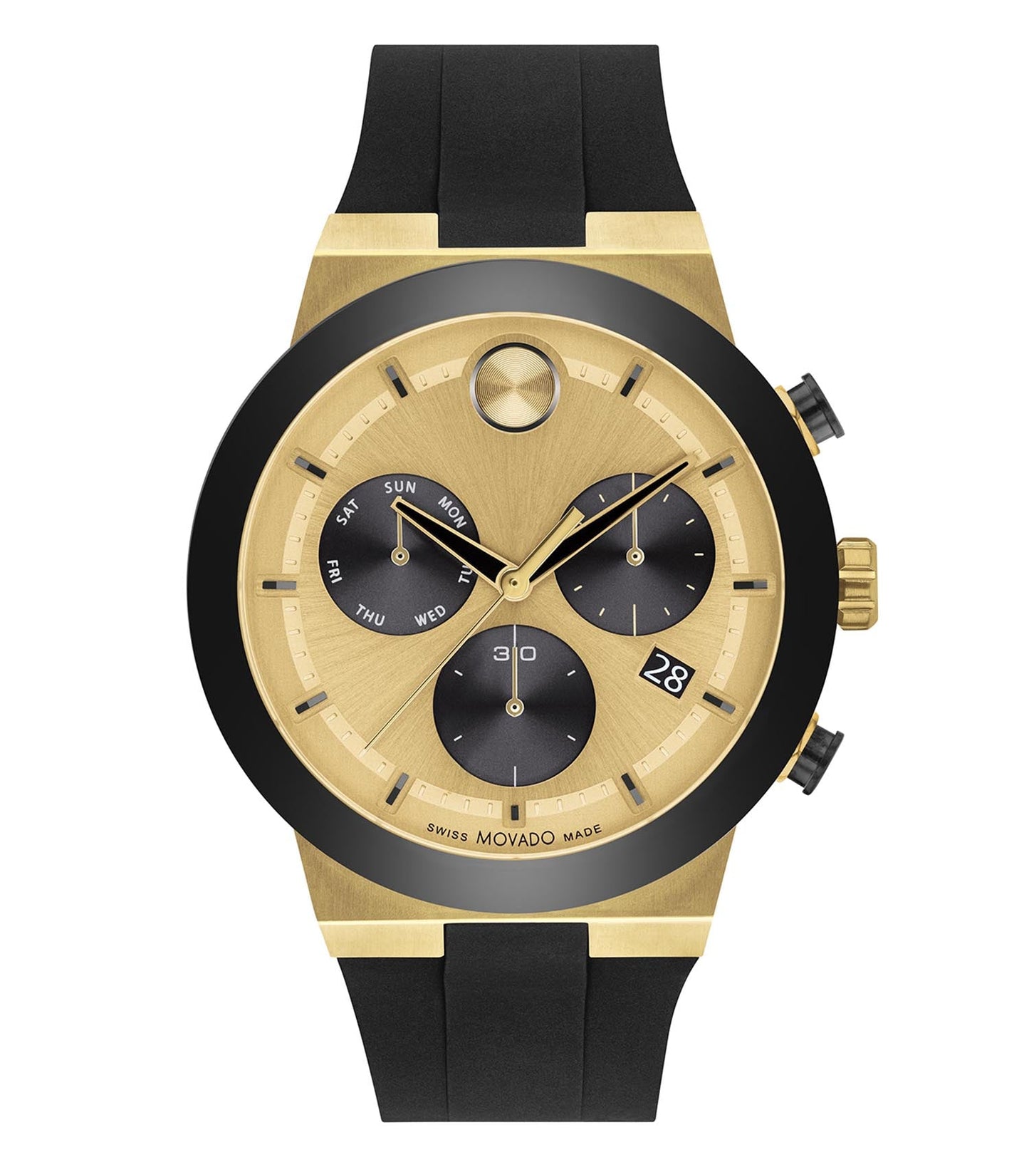 Movado watch in sleek none color; side angle highlights minimalist design with smooth round face and polished metal band