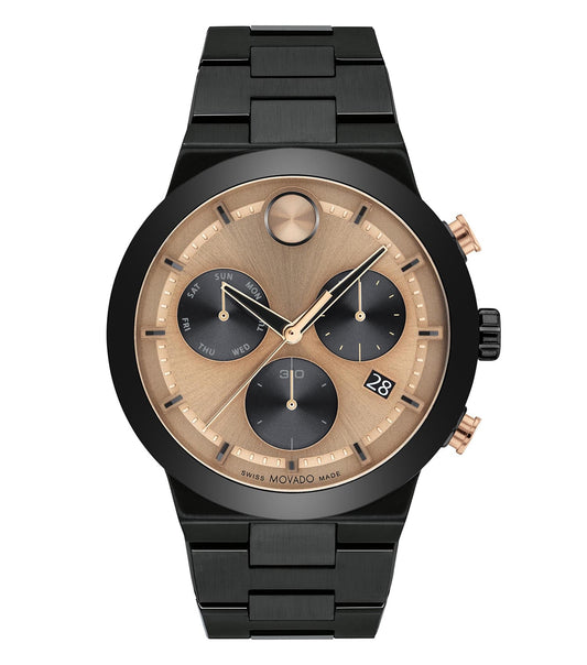 Movado men's watch in bold fusion quartz, gold color, displayed at a 44-degree angle showcasing its detailed, sleek face.