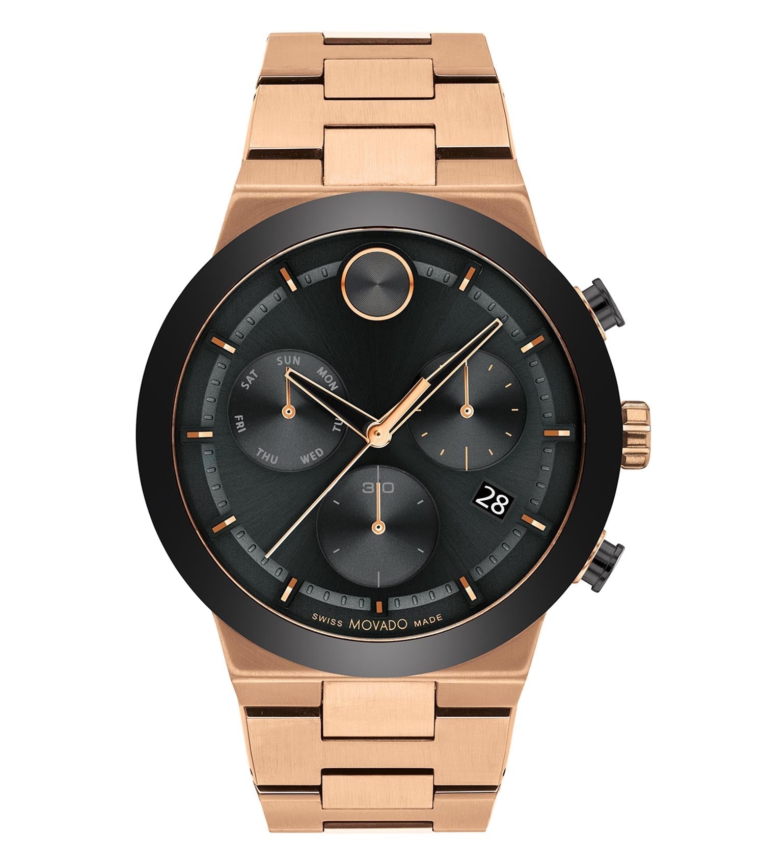 Movado bold red watch with seamless design, showcasing side profile from left angle; elegant timepiece for style enthusiasts.