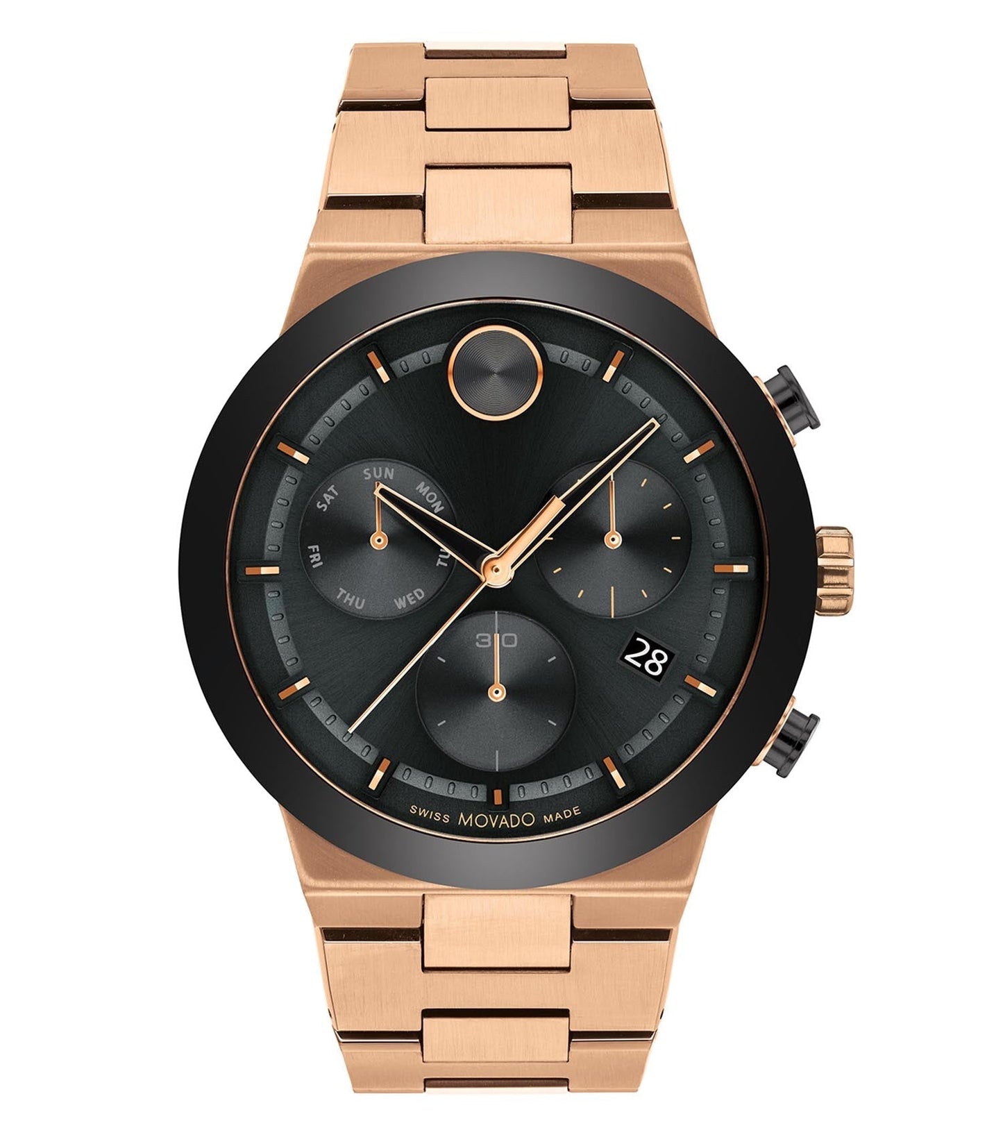 Movado bold red watch with seamless design, showcasing side profile from left angle; elegant timepiece for style enthusiasts.