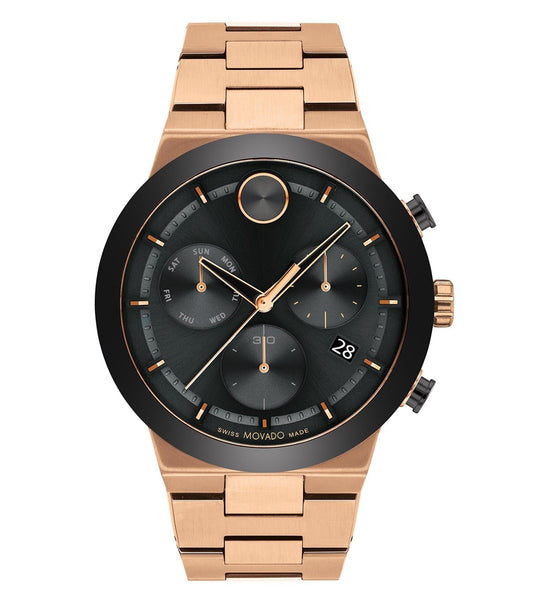 Movado bold red watch with seamless design, showcasing side profile from left angle; elegant timepiece for style enthusiasts.