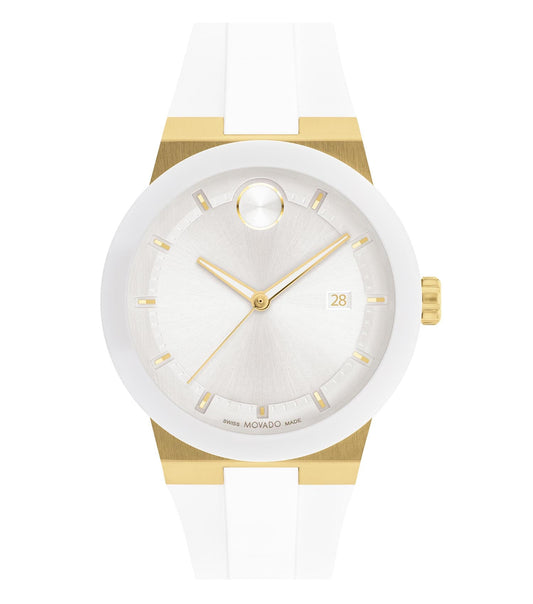 Movado luxury watch, non-color style, angled at 42 degrees, showcasing elegant minimalism and iconic design features.