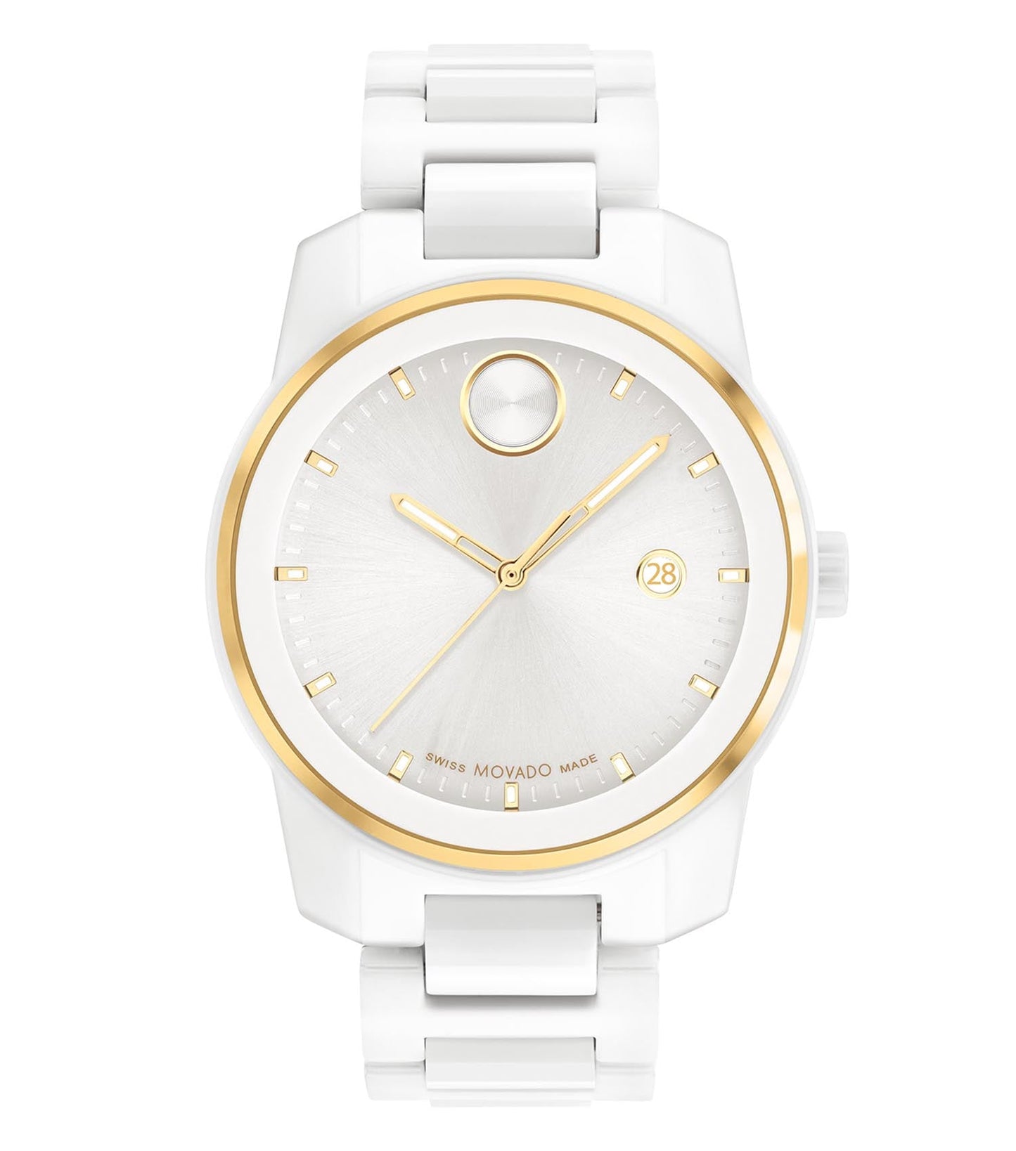 Sleek Movado watch in bold color with elegant dial, showcased at a 42-degree angle, embodying modern watchmaking passion