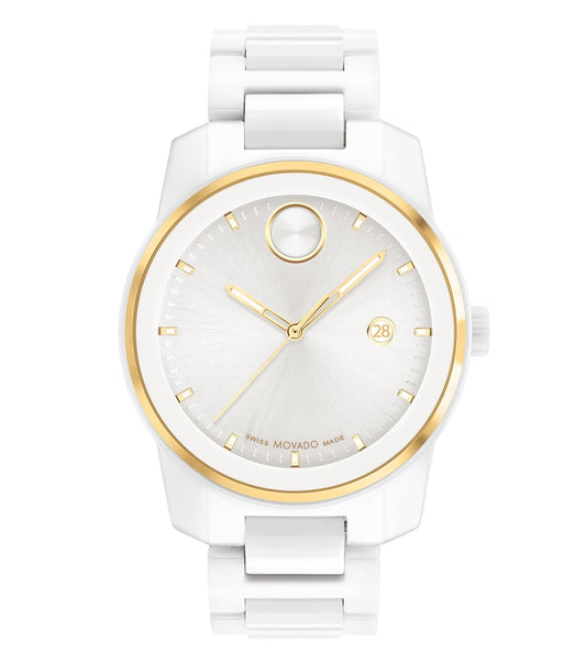 Sleek Movado watch in bold color with elegant dial, showcased at a 42-degree angle, embodying modern watchmaking passion
