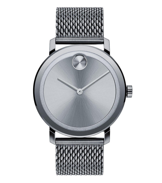 Movado bold blue watch with easygoing flow design, displayed at a 40-degree angle showcasing sleek craftsmanship and vibrant color.