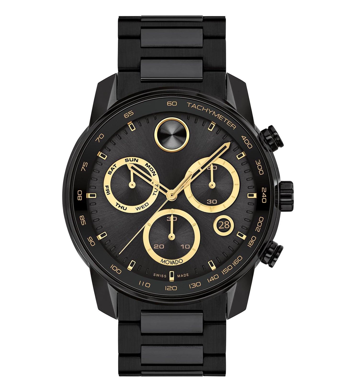 Movado watch in classic black, side view angle highlighting its sleek design and elegant strap against a plain background.