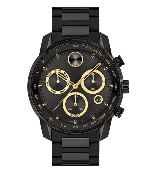 Movado watch in classic black, side view angle highlighting its sleek design and elegant strap against a plain background.