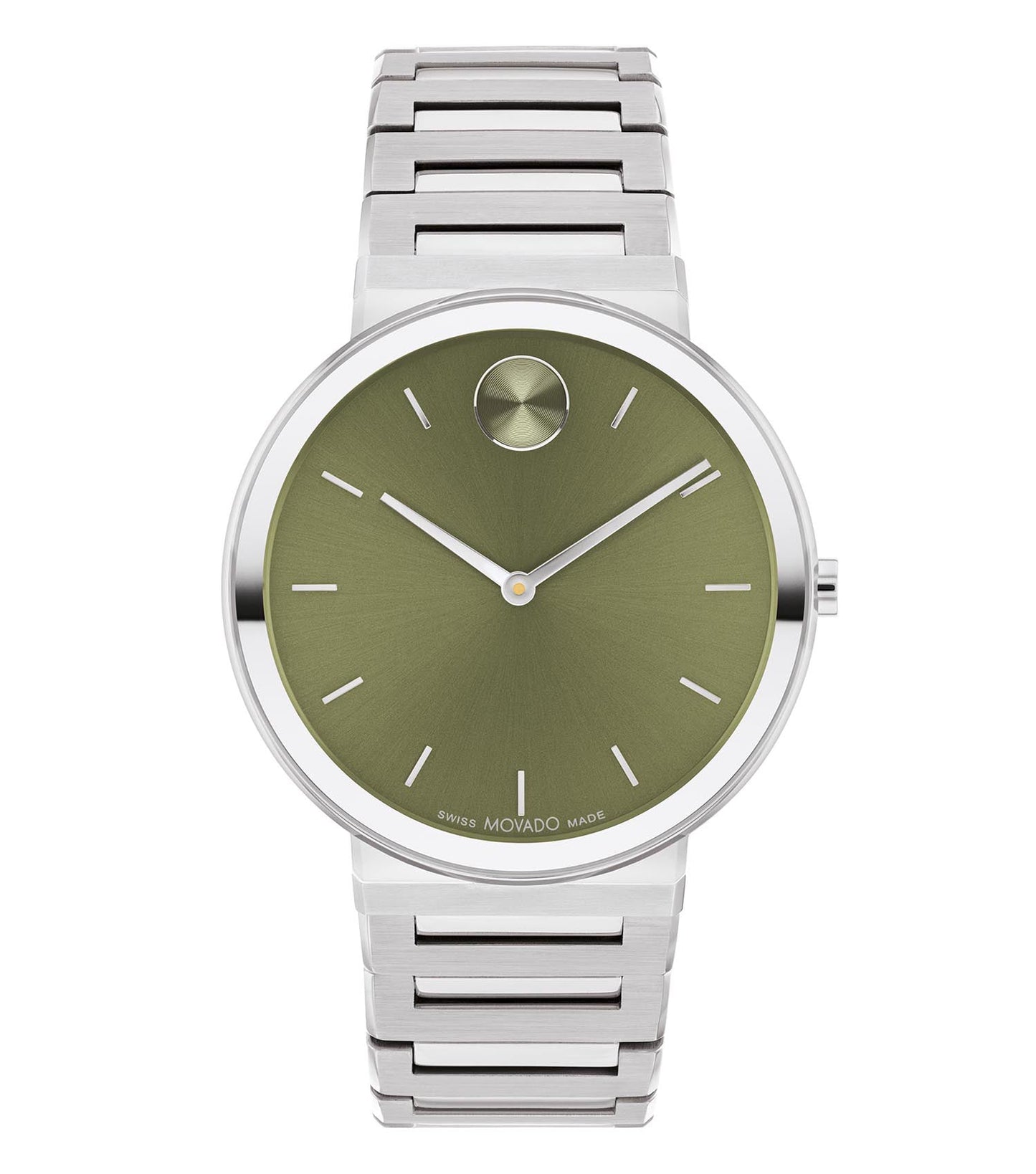 Angular view of the Movado watch showcasing a sleek black design with minimalist dial, silver accents, and elegant detailing.