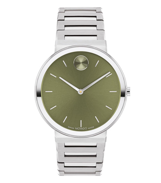 Angular view of the Movado watch showcasing a sleek black design with minimalist dial, silver accents, and elegant detailing.