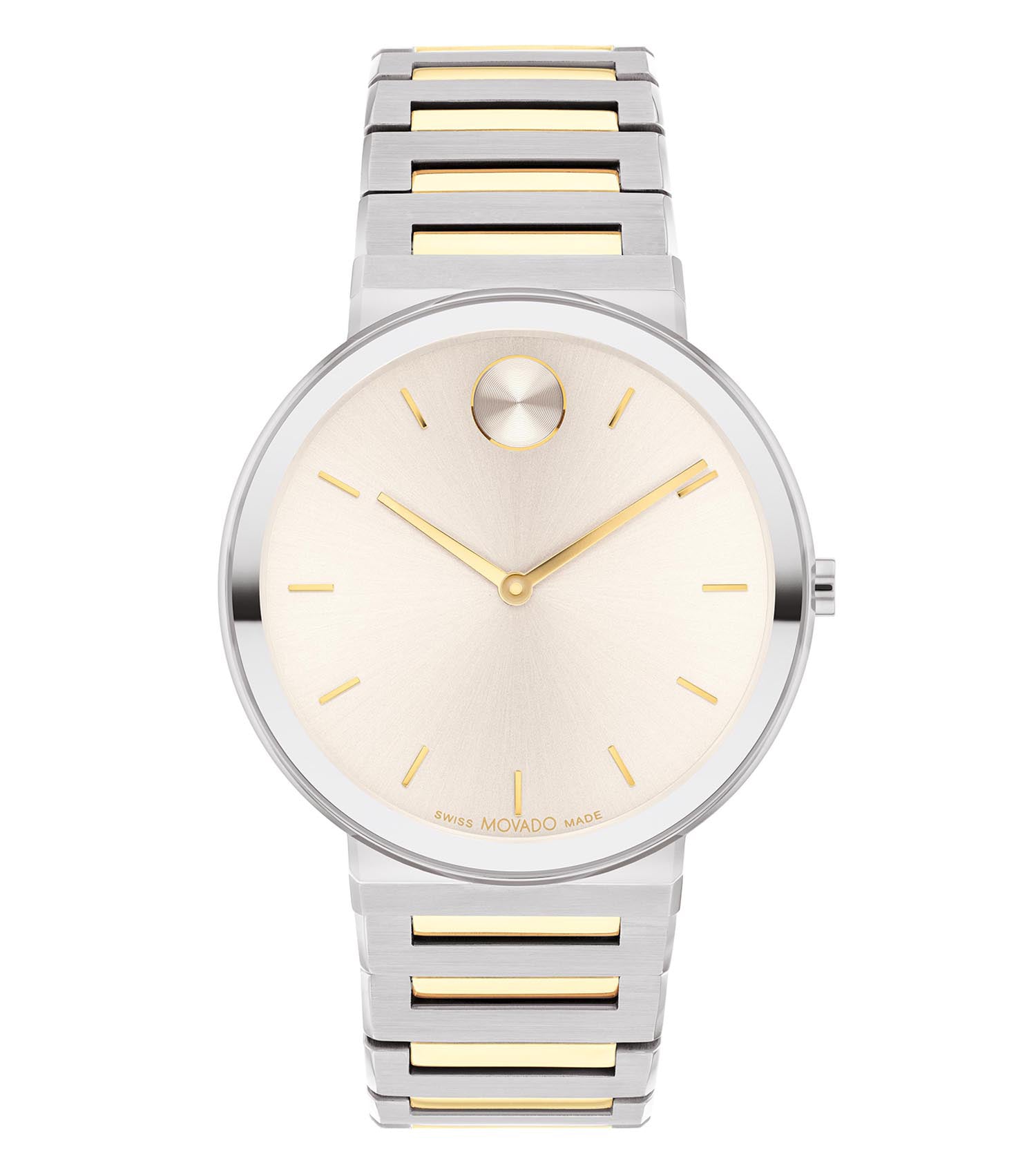 Sophisticated Movado watch, single color, round dial, angled view showcasing sleek design and minimalist elegance.
