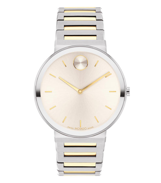 Sophisticated Movado watch, single color, round dial, angled view showcasing sleek design and minimalist elegance.