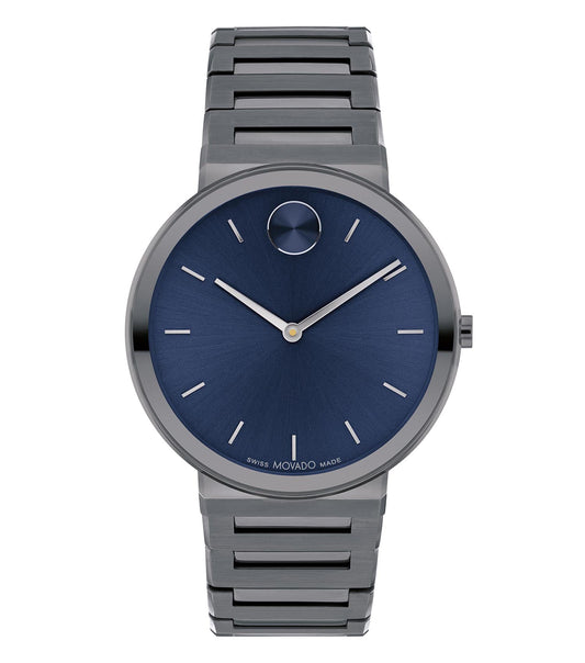 Elegant Movado watch with black dial and silver markers, one color design, showcased at a front angle, exuding timeless style.