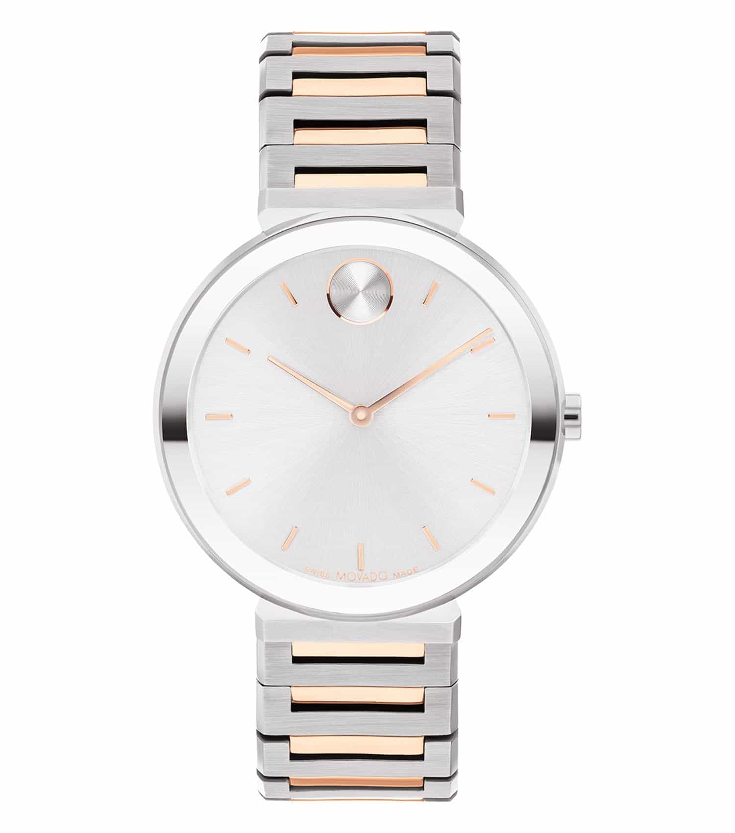 Elegant Movado watch in a classic silver tone, showcased at a 34-degree angle, highlighting minimalist design and sophisticated craftsmanship.