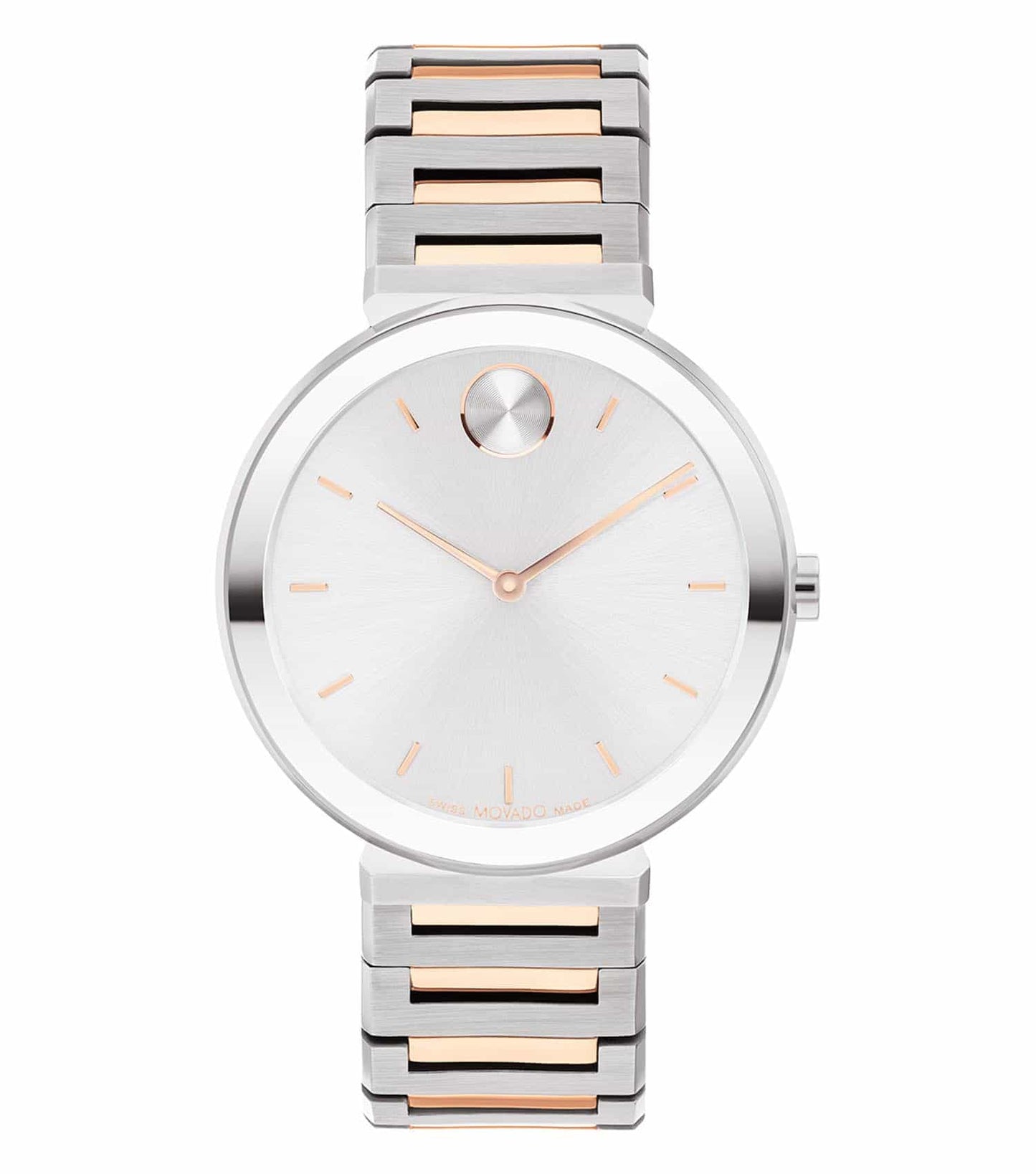 Elegant Movado watch in a classic silver tone, showcased at a 34-degree angle, highlighting minimalist design and sophisticated craftsmanship.