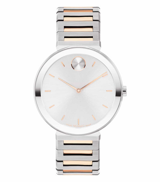 Elegant Movado watch in a classic silver tone, showcased at a 34-degree angle, highlighting minimalist design and sophisticated craftsmanship.