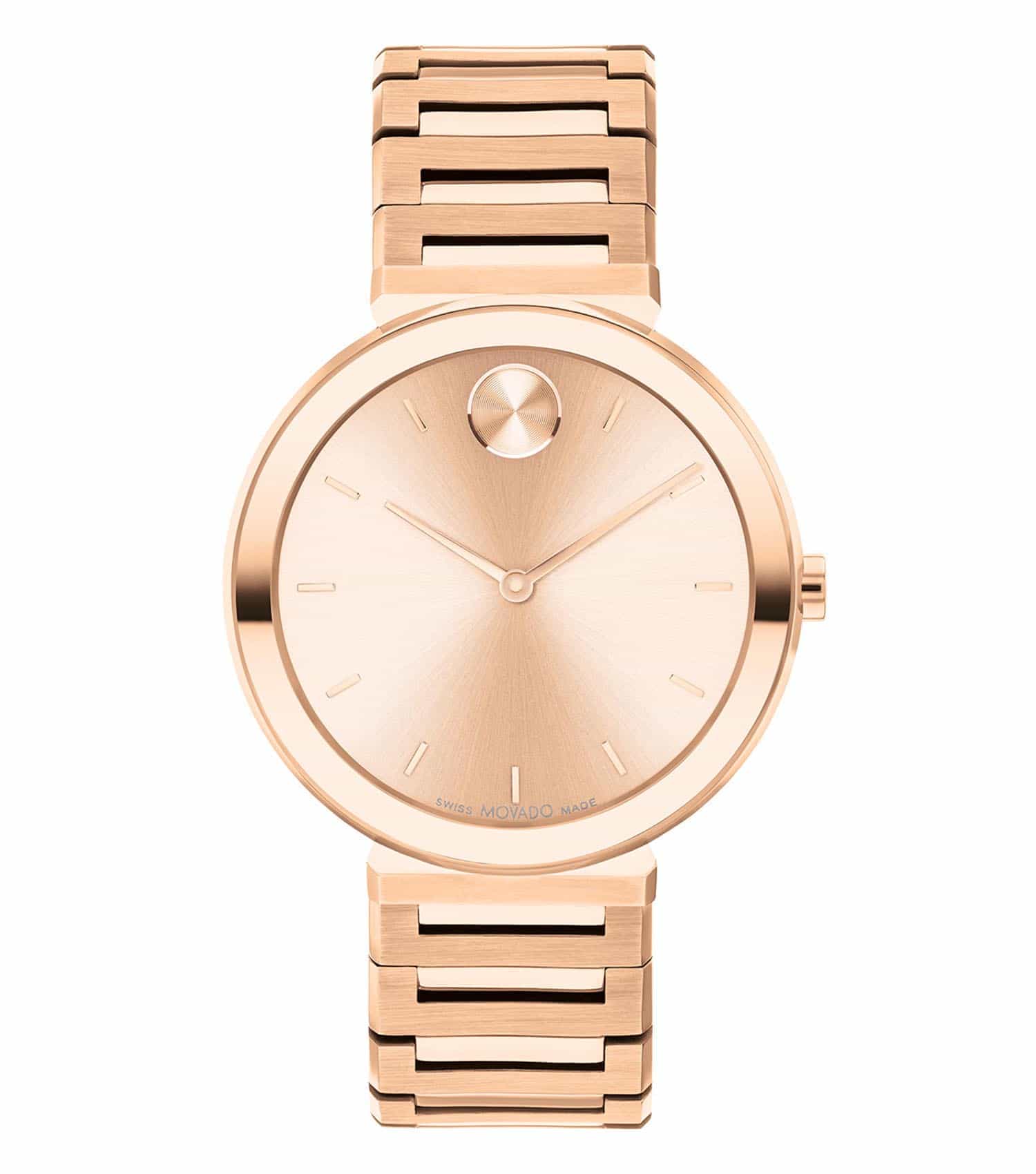 Movado watch with silver tones; displayed at a 34-degree angle showcasing sleek design and elegant band detailing.