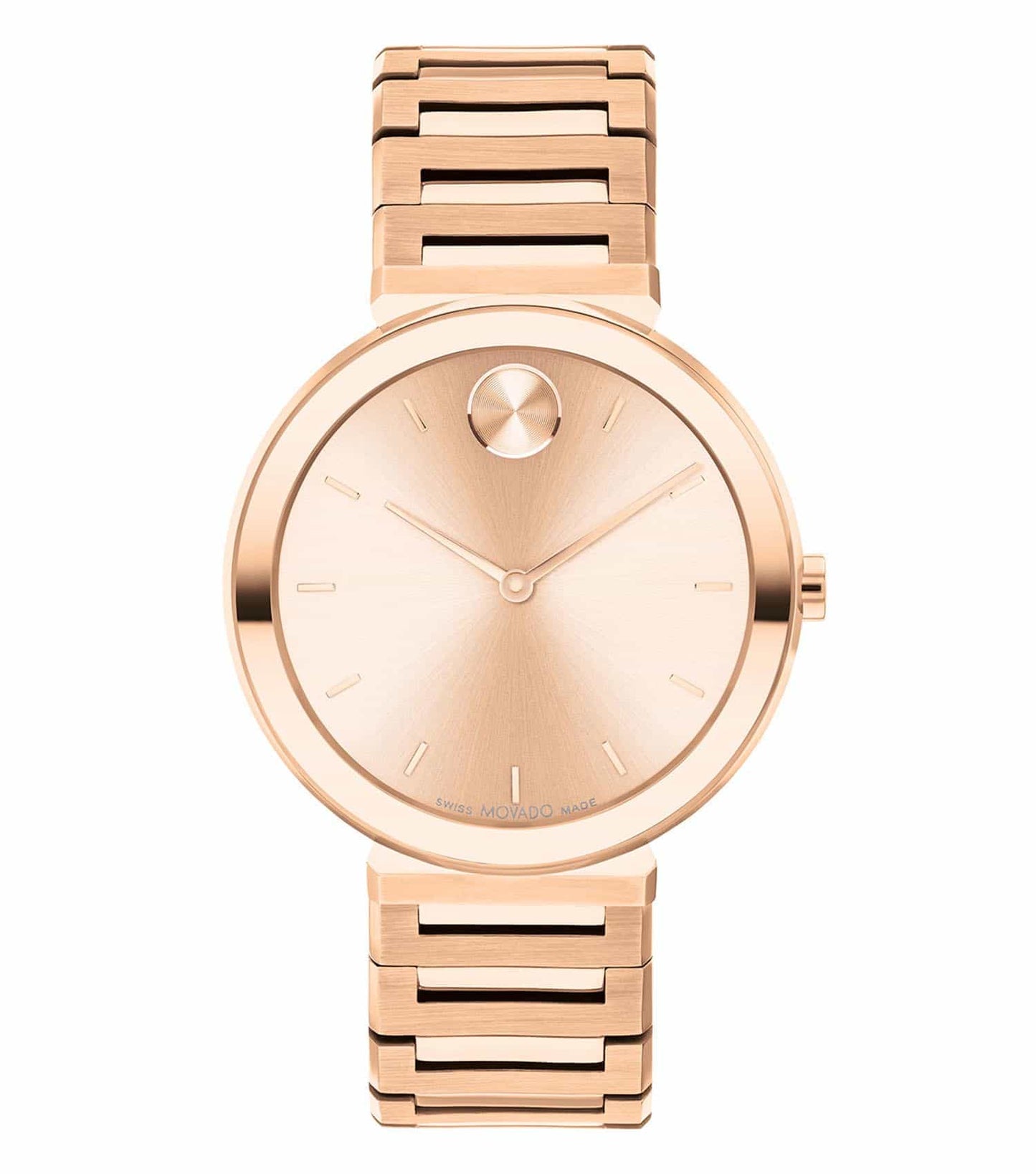 Movado watch with silver tones; displayed at a 34-degree angle showcasing sleek design and elegant band detailing.