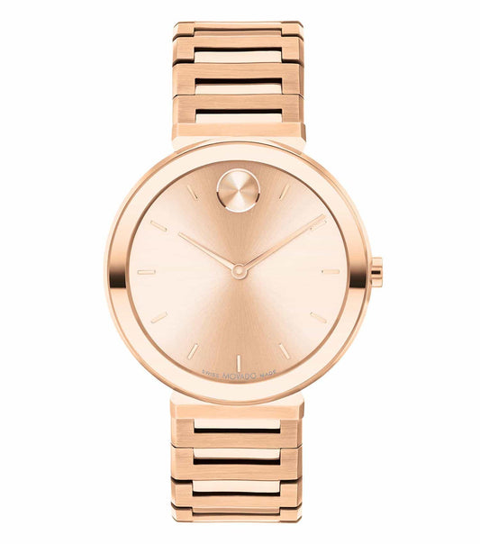 Movado watch with silver tones; displayed at a 34-degree angle showcasing sleek design and elegant band detailing.