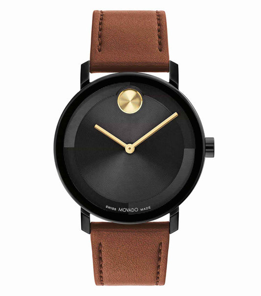 Movado watch in none color, 40-degree angle, showcasing sleek design and minimalist dial with the iconic dot, a symbol of modern elegance.