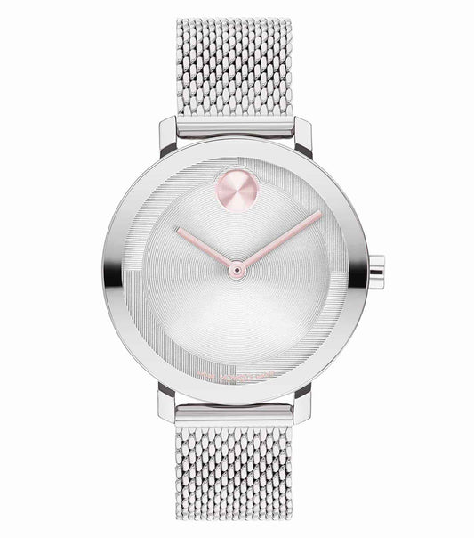 Movado Bold Evolution Quartz watch in vivid blue, side angle; sleek dial, minimalist design, showcasing modern elegance.