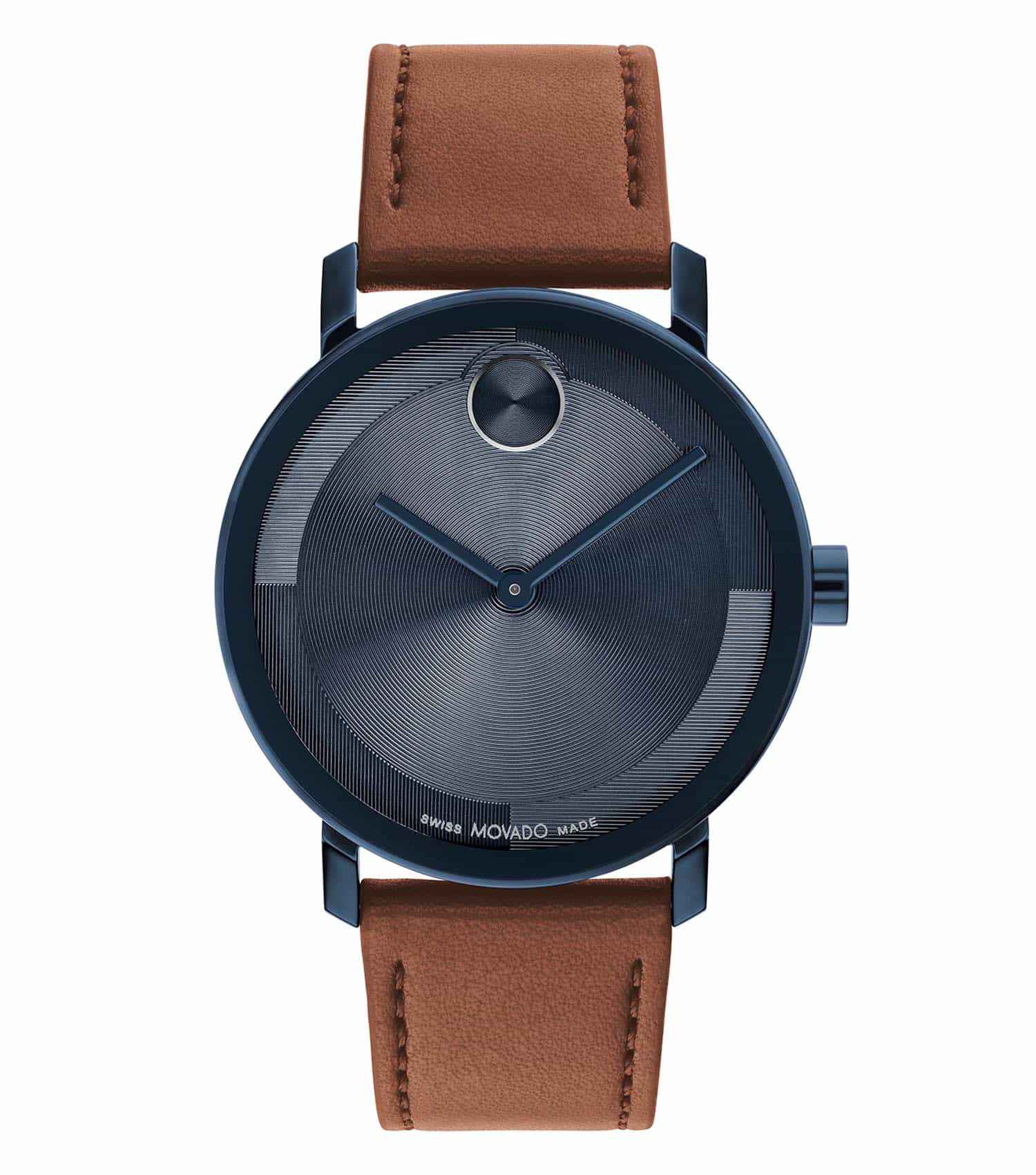 Movado watch with a bold black color, easygoing flow, photographed at a 40-degree angle displaying its sleek, minimalist design.