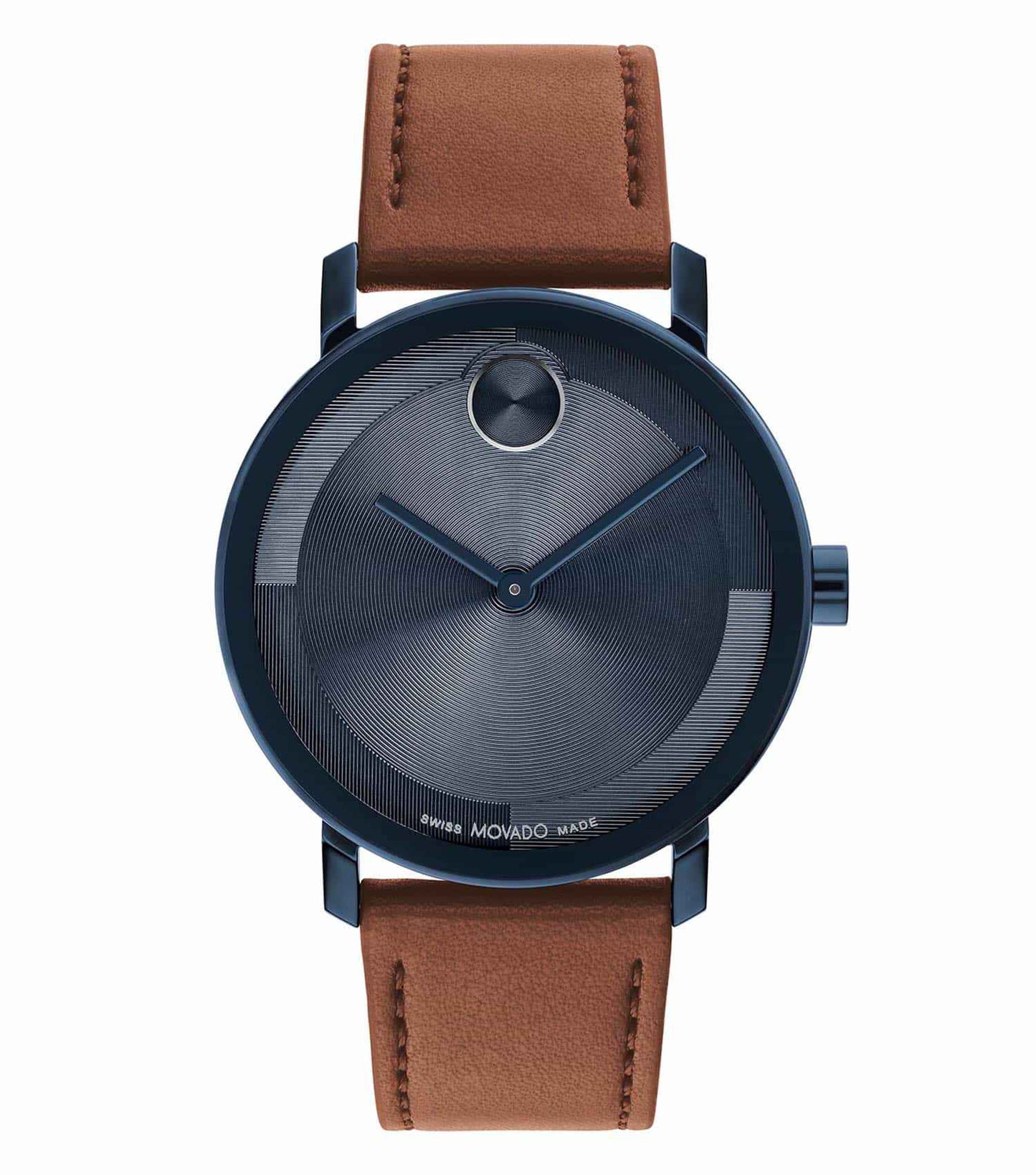 Movado watch with a bold black color, easygoing flow, photographed at a 40-degree angle displaying its sleek, minimalist design.