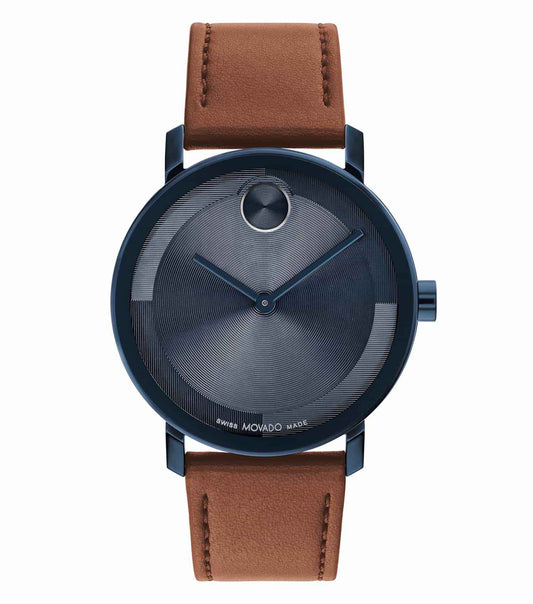 Movado watch with a bold black color, easygoing flow, photographed at a 40-degree angle displaying its sleek, minimalist design.
