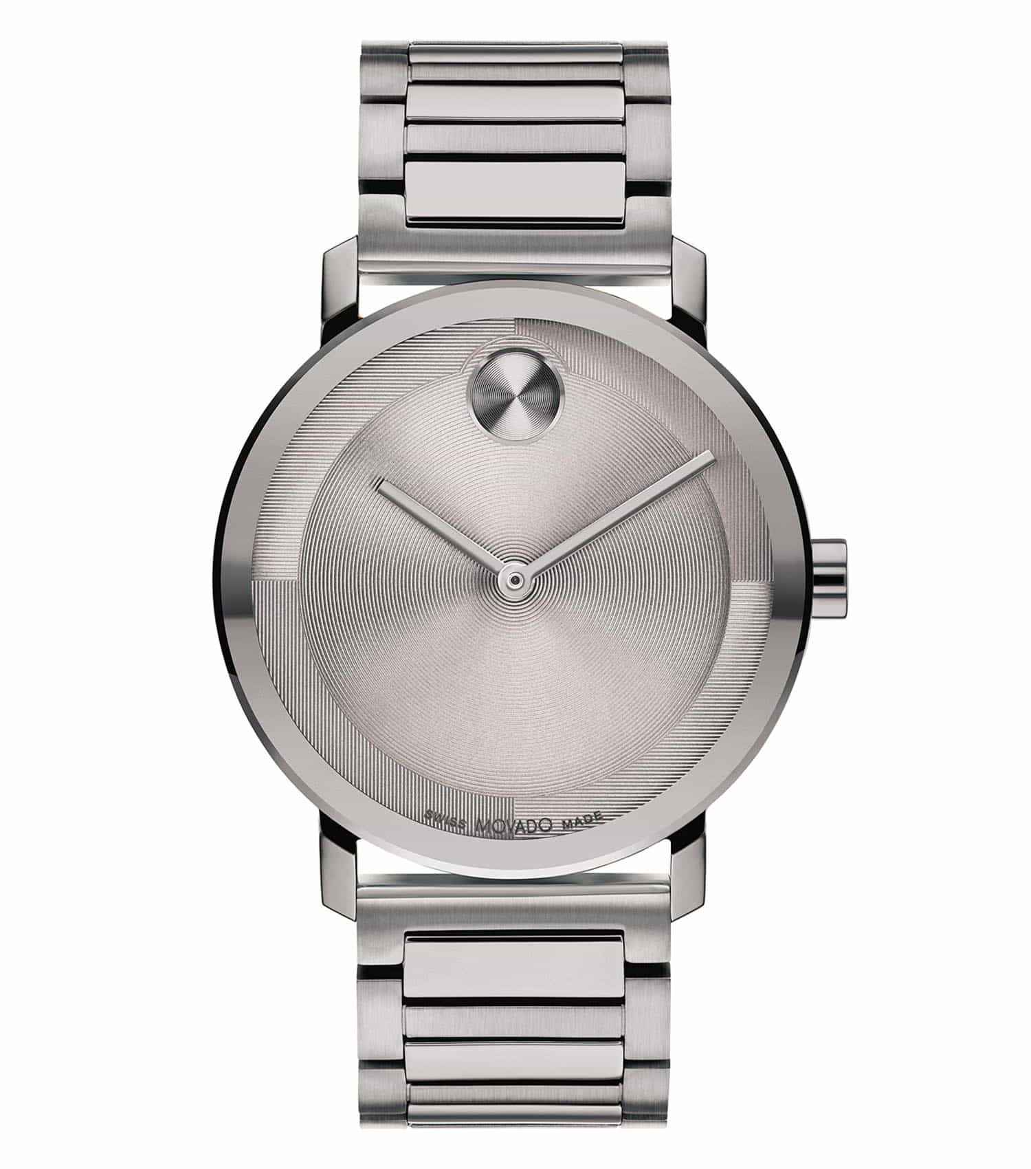 Movado watch with a striking bold blue dial, silver accents, and elegant circular design, angled elegantly for a sleek view.