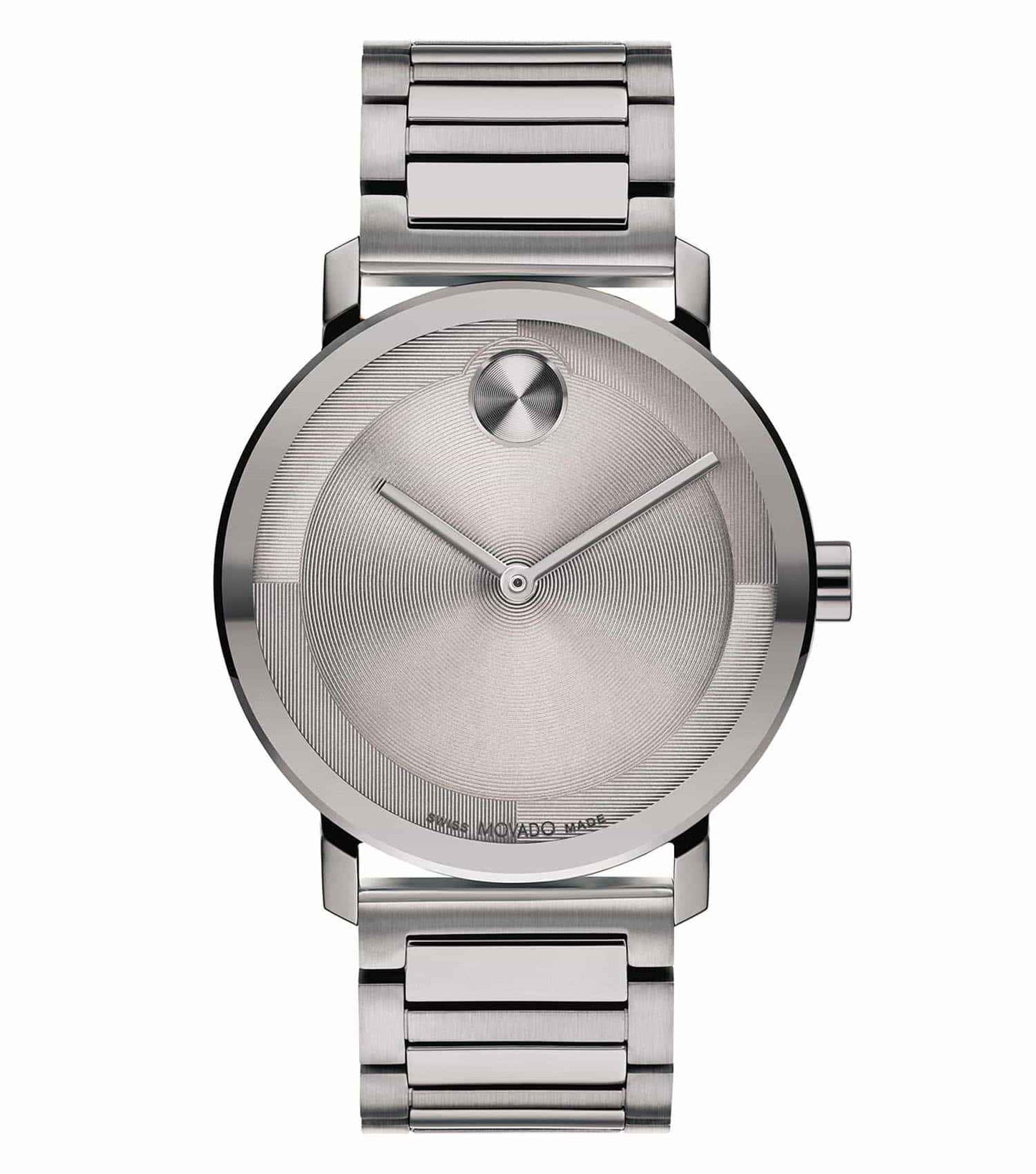 Movado watch with a striking bold blue dial, silver accents, and elegant circular design, angled elegantly for a sleek view.