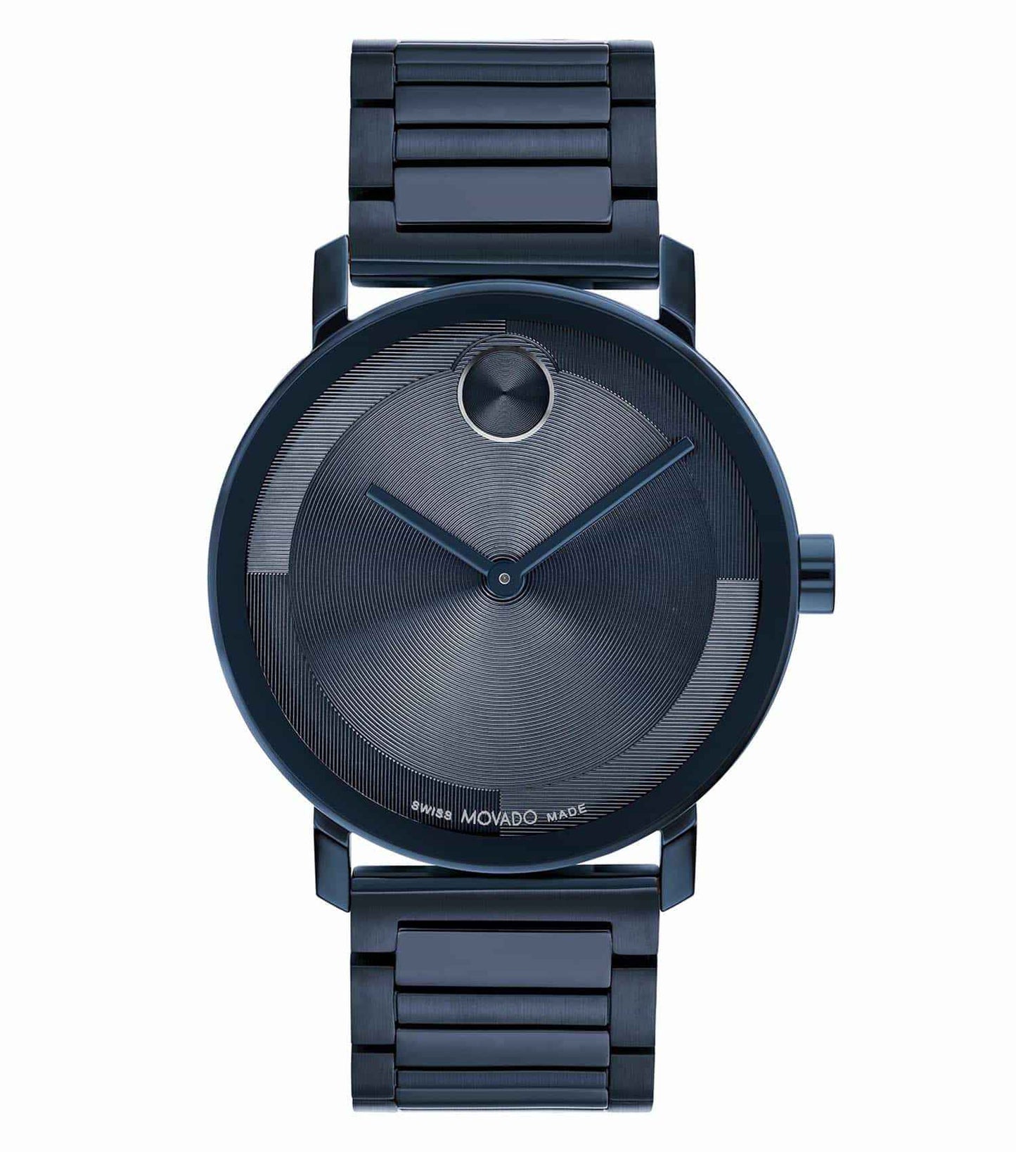 Movado watch in black, featuring a minimalist design with a stainless steel case; photographed from a low 40-degree angle.