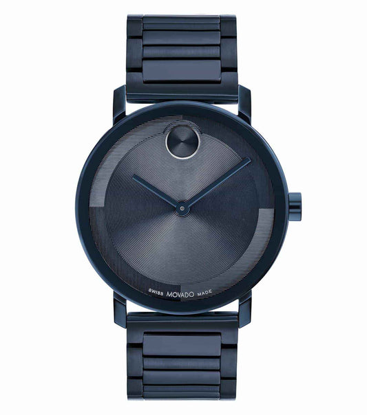 Movado watch in black, featuring a minimalist design with a stainless steel case; photographed from a low 40-degree angle.