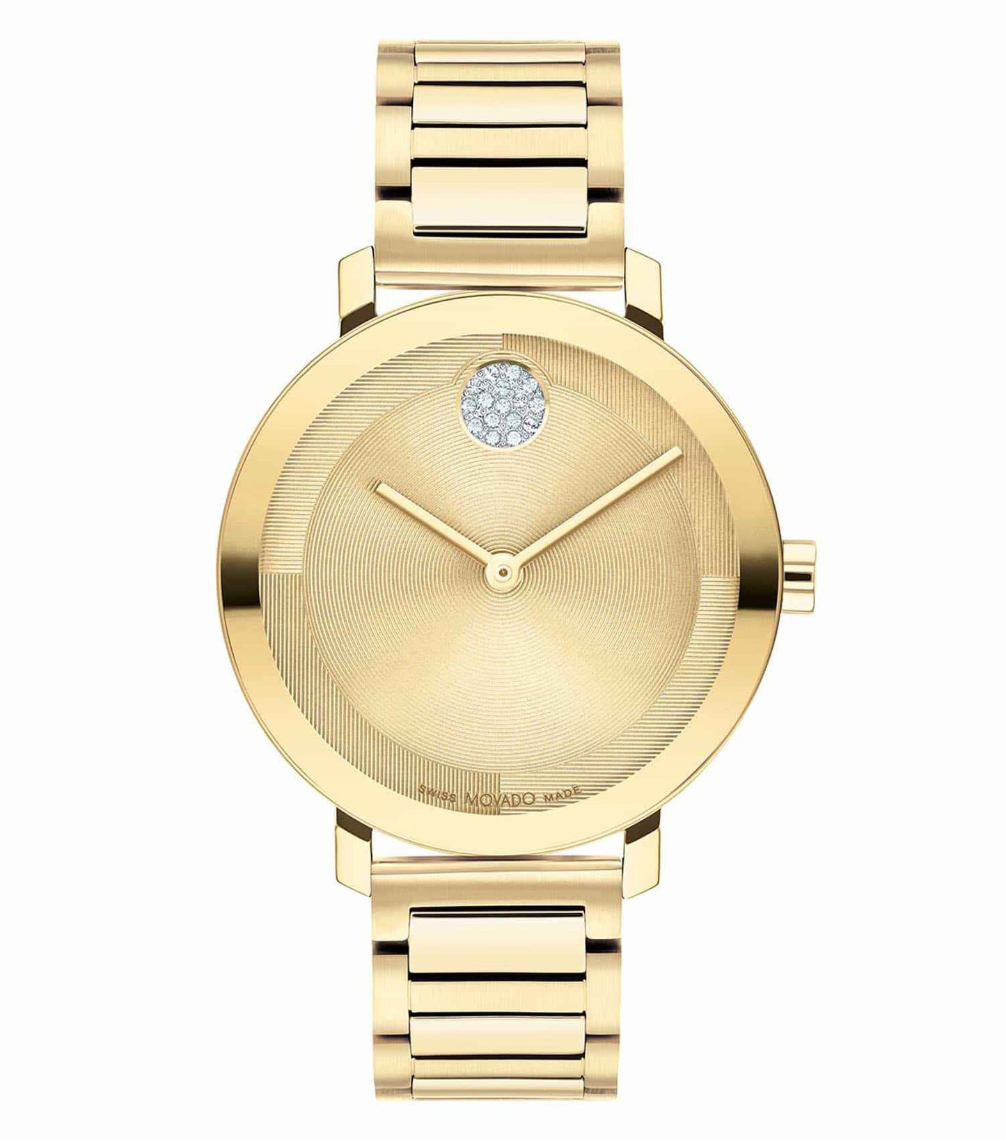 Elegant Movado watch showcasing a sleek black dial, minimalist design, and metallic bracelet at a 34-degree angle, exuding timeless style.
