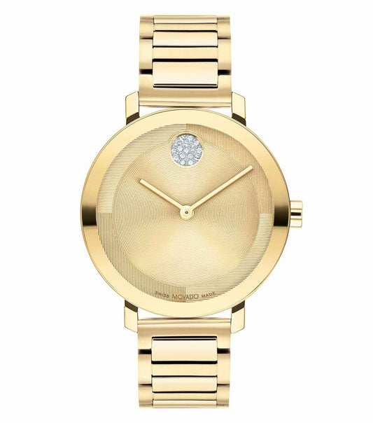 Elegant Movado watch showcasing a sleek black dial, minimalist design, and metallic bracelet at a 34-degree angle, exuding timeless style.