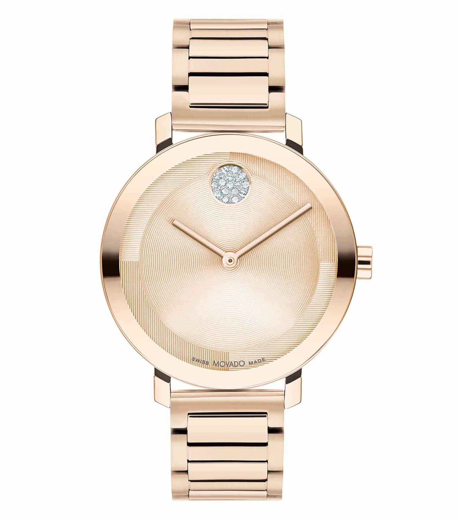 Movado watch with a bold blue dial and stainless steel case, elegantly angled side view, premium timepiece allure.