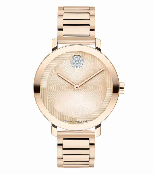 Movado watch with a bold blue dial and stainless steel case, elegantly angled side view, premium timepiece allure.