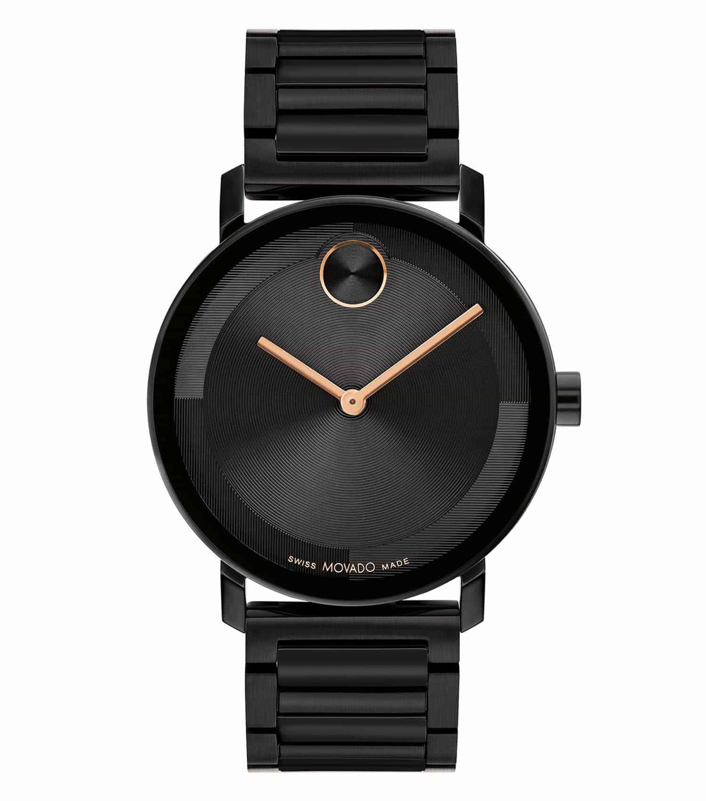 Sleek Movado watch with bold blue dial and stainless steel band at a 40-degree angle, showcasing modern elegance and timeless design.