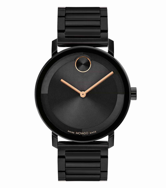 Sleek Movado watch with bold blue dial and stainless steel band at a 40-degree angle, showcasing modern elegance and timeless design.