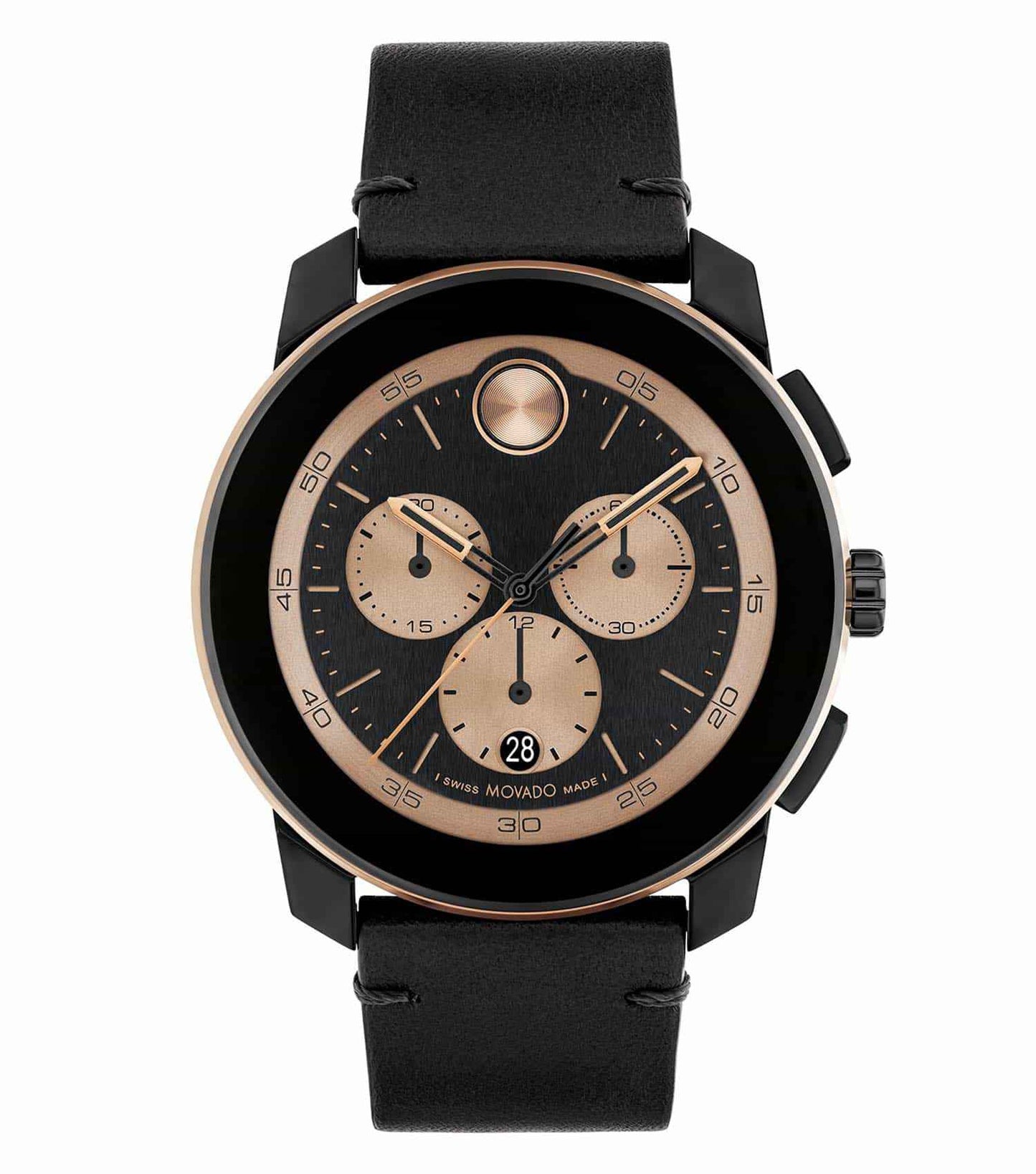 Movado watch in rich blue, frontal angle; clean dial with minimalist silver hands, ideal for effortless style and elegance.