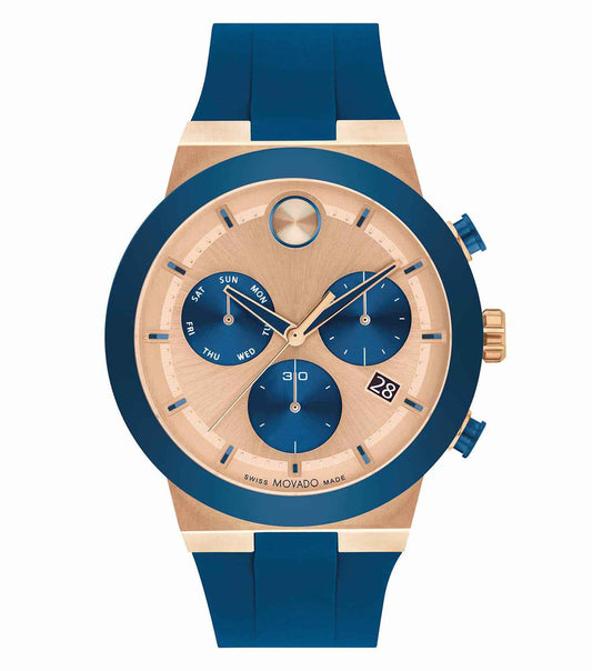Movado Watch in Bold Fusion hue, capturing a side-angle view; modern design elements reflecting luxury and precision.
