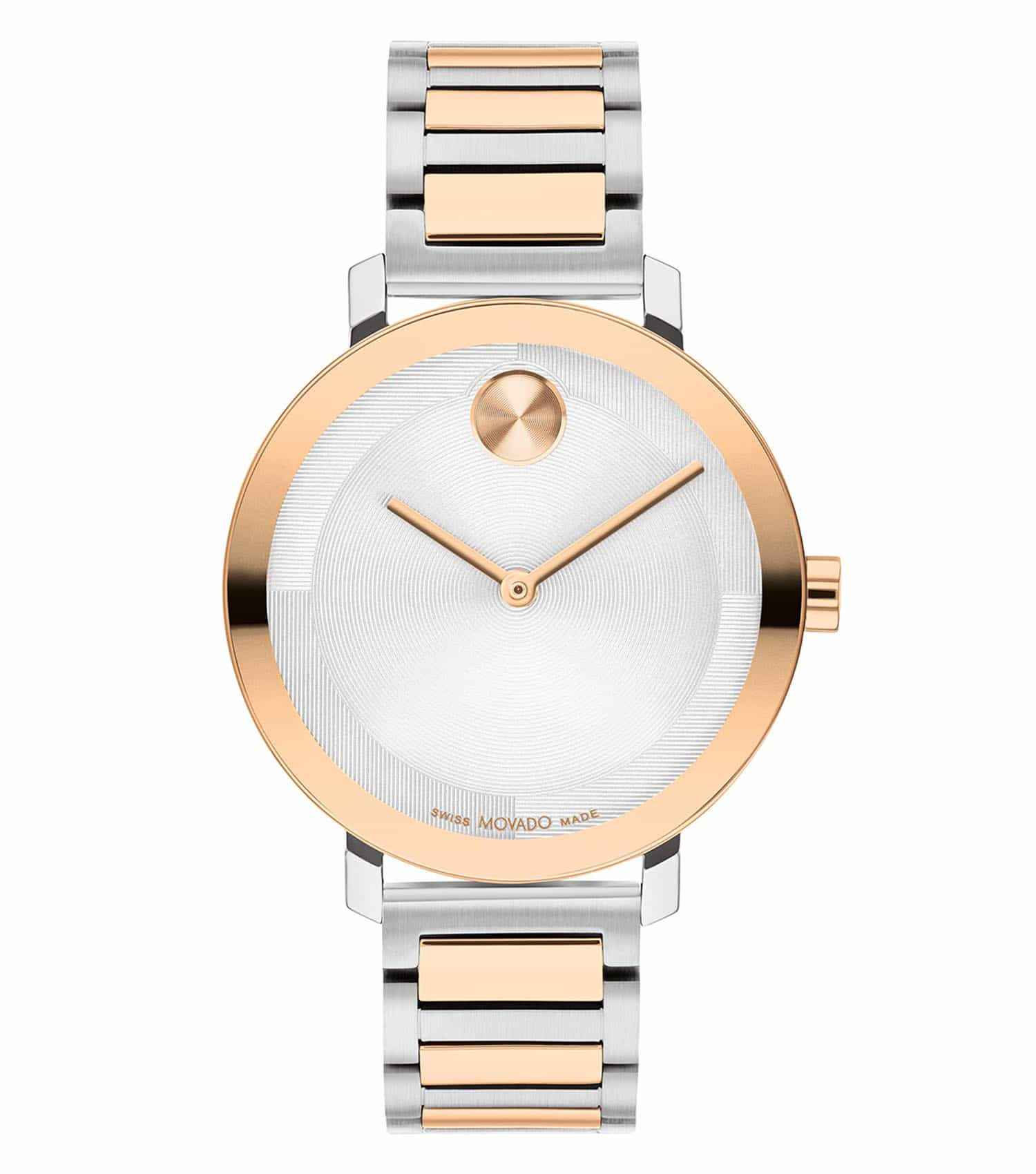 Bold and elegant Movado watch with vibrant blue dial and sleek silver band, angled slightly to showcase its luxurious design.