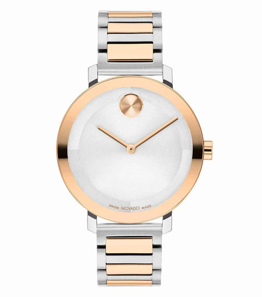 Bold and elegant Movado watch with vibrant blue dial and sleek silver band, angled slightly to showcase its luxurious design.