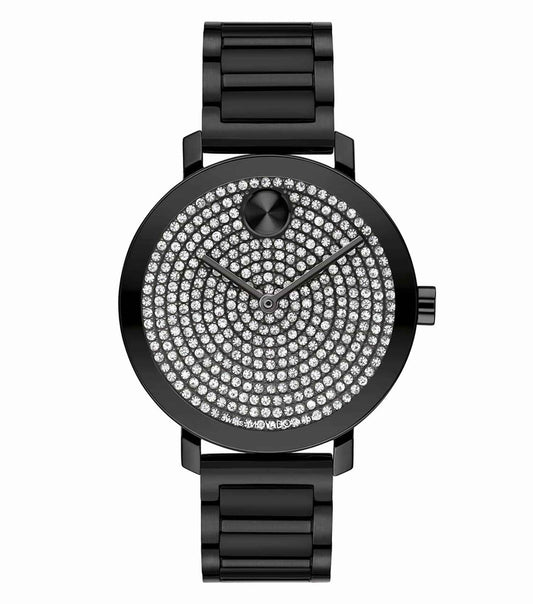 Movado watch in a bold gold color, angled view showcasing its sleek design and sophisticated flow; a timepiece of elegance.